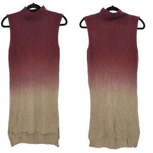 Vintage Sleeveless High Low Turtleneck Sweater Dress S Ombre Maroon Cream Knit